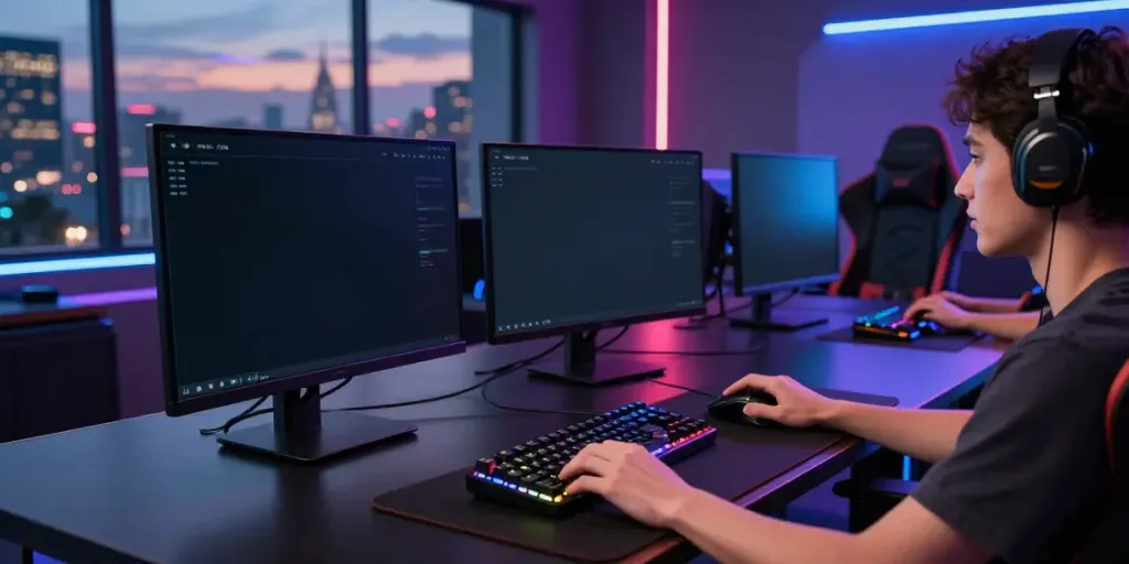User engaged in QQMACAN login at a modern gaming setup with illuminated keyboard and city view.