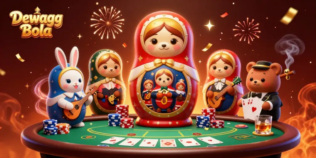Experience thrilling action with Dewagg Bola, featuring bears in casino attire and vibrant poker elements.