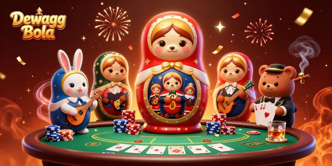 Experience thrilling action with Dewagg Bola, featuring bears in casino attire and vibrant poker elements.