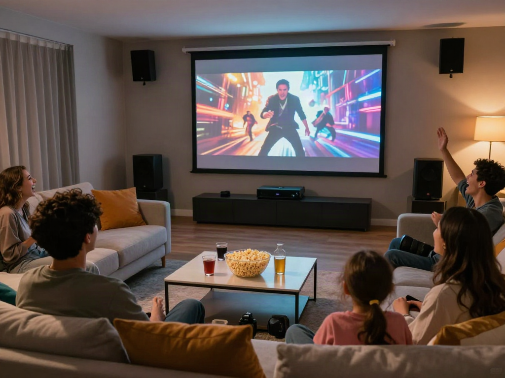 Moviebox home theater scene with viewers enjoying a cinematic experience with vibrant visuals and cozy atmosphere.