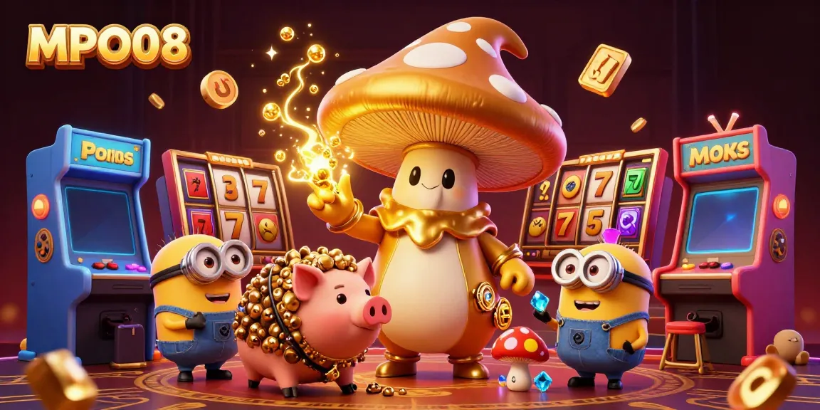 MPO08 showcases vibrant online gambling energy with golden mushroom wizard amidst slot machines and game elements.