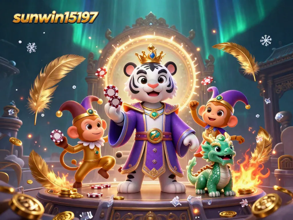 Experience sunwin15197 with immersive casino magic featuring an elegant white tiger, golden monkey, and jade dragon.