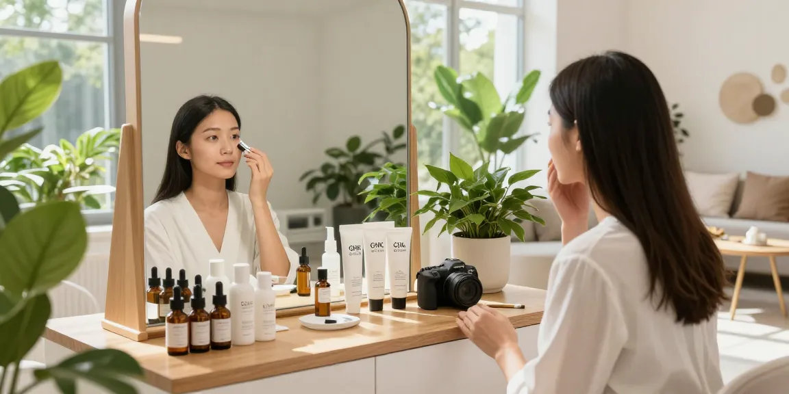 Experience the benefits of GHK-Cu as a woman applies serum in a bright skincare studio.