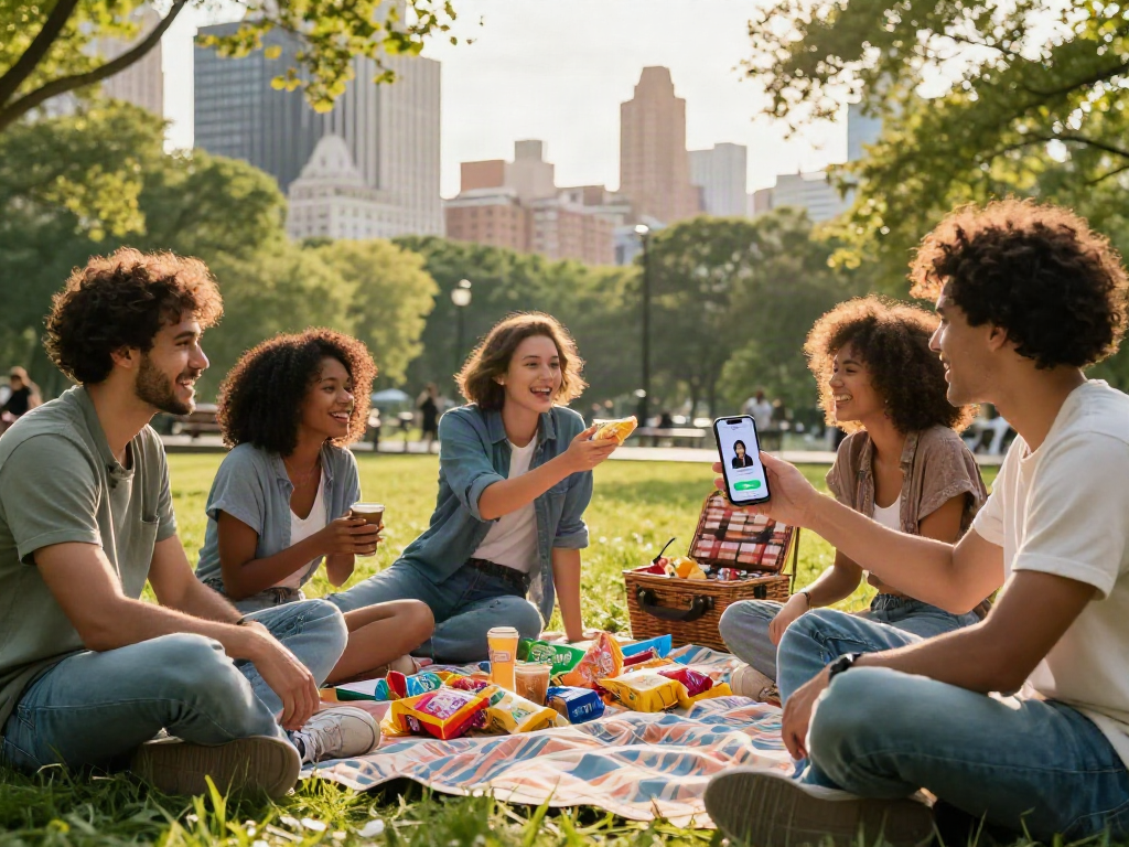 Group of friends in urban park reviewing their attractiveness test results on smartphone, enjoying a sunny afternoon.