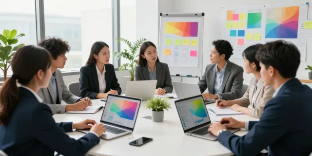 Team discussing a comprehensive communication strategy in a modern office.