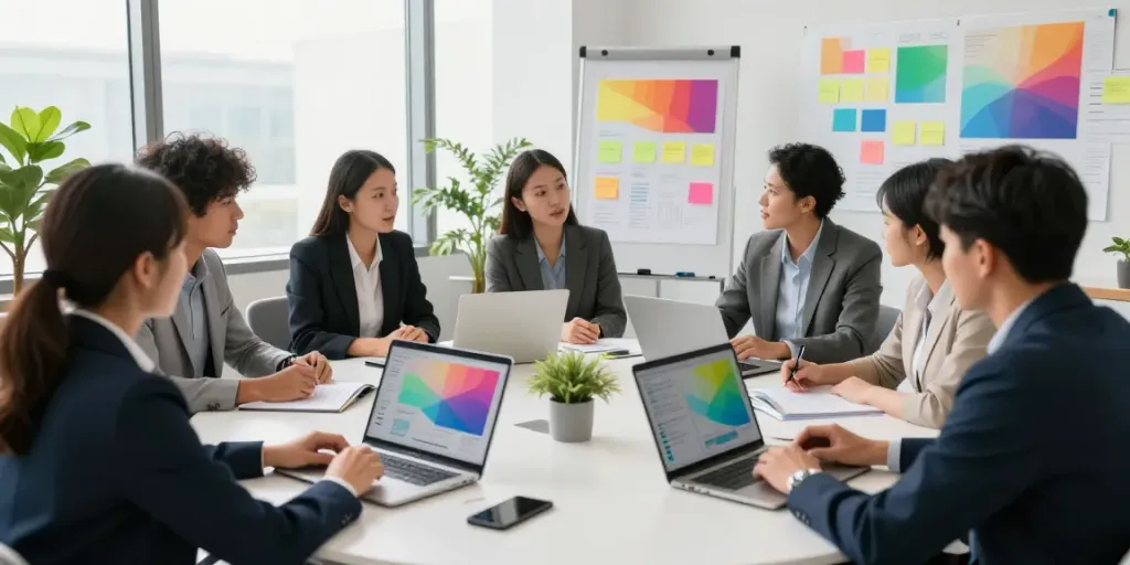 Team discussing a comprehensive communication strategy in a modern office.