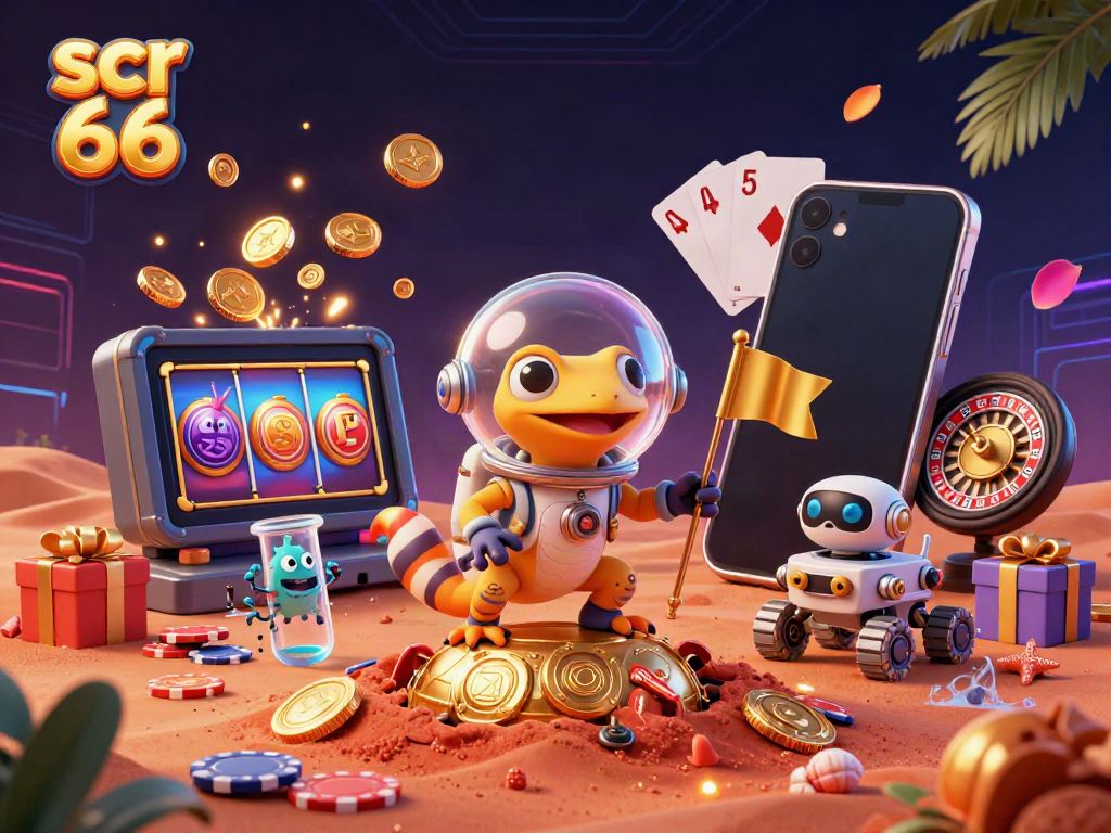 Experience gaming excitement with scr 66 featuring a Martian gecko and vibrant slots in a rich casino landscape.