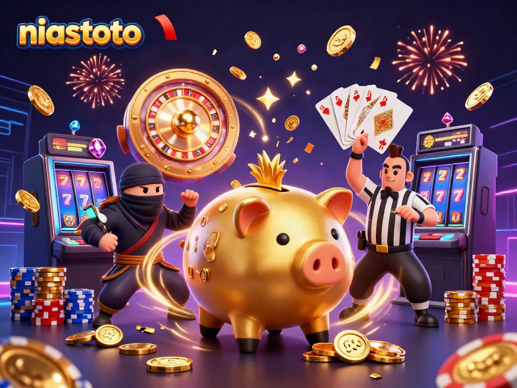 NIASTOTO-themed vibrant casino scene with a golden piggy bank sumo wrestler and wallet-ninja amidst cascading coins and glowing elements.