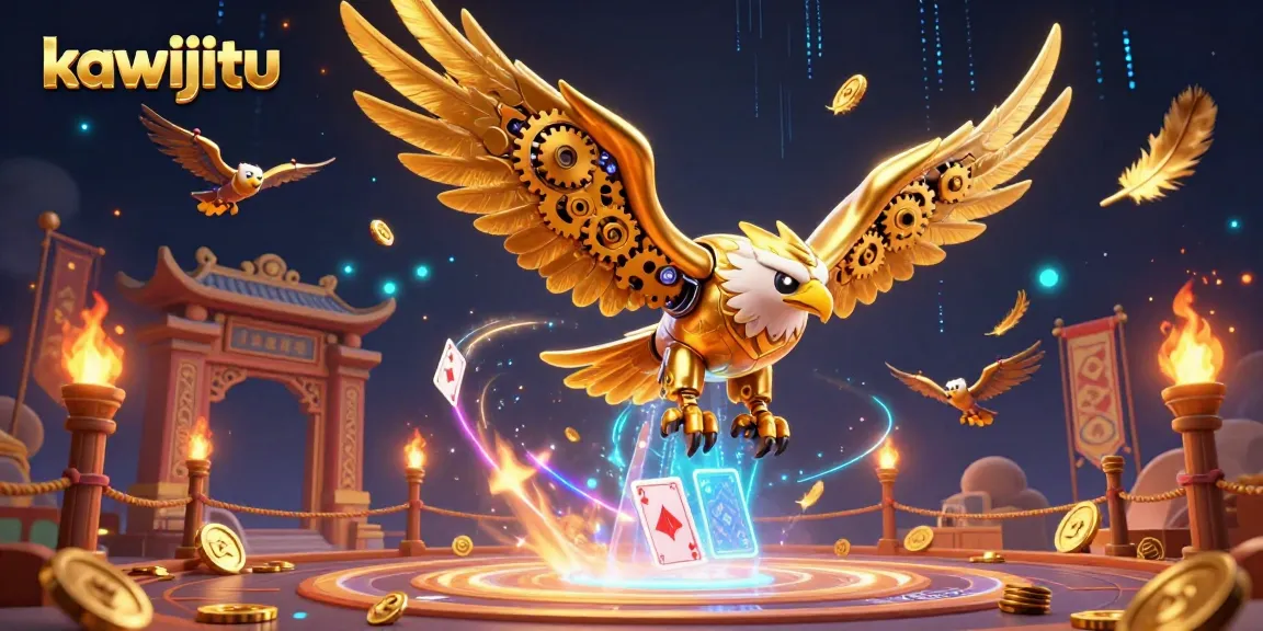 Experience the thrill of kawijitu as a mechanical eagle dives through holographic cards, surrounded by dynamic casino elements.