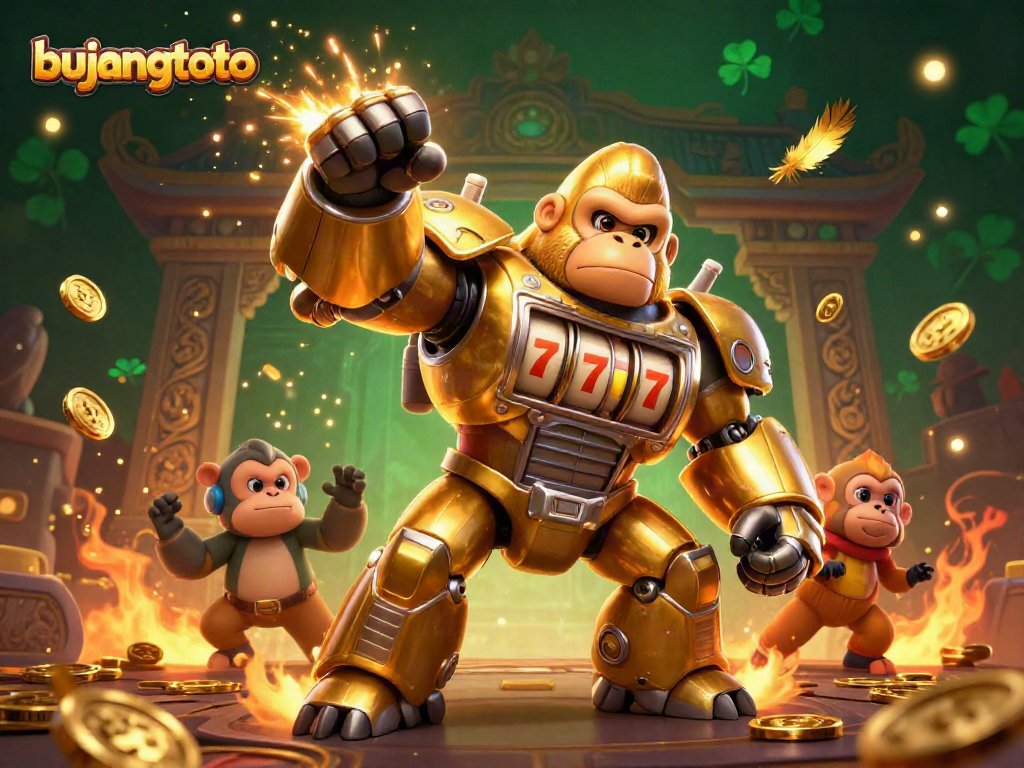 Engage with bujangtoto through exciting gaming visuals featuring a golden gorilla mech amidst coins and dynamic elements.