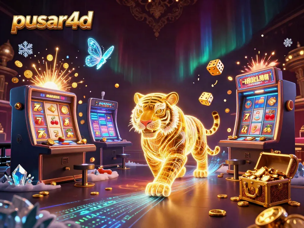 Experience excitement at pusar4d with a neon tiger and slot machines bursting with winnings.
