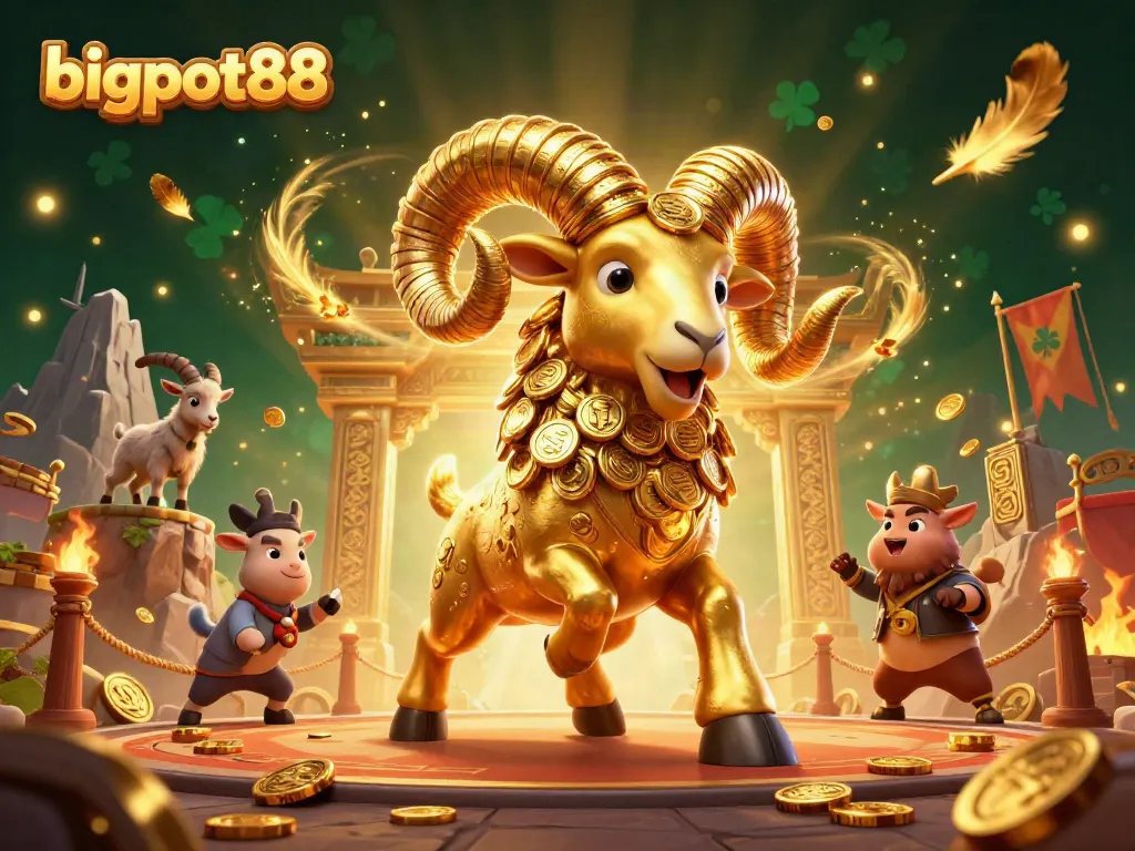 Menghadirkan bigpot88, simbol keberuntungan dalam judi dengan domba emas menghadapi gerbang emas di arena bertema kasino.