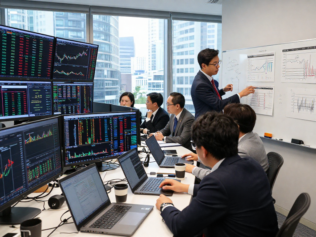 KOSPI index trading activity with analysts reviewing market data and charts.