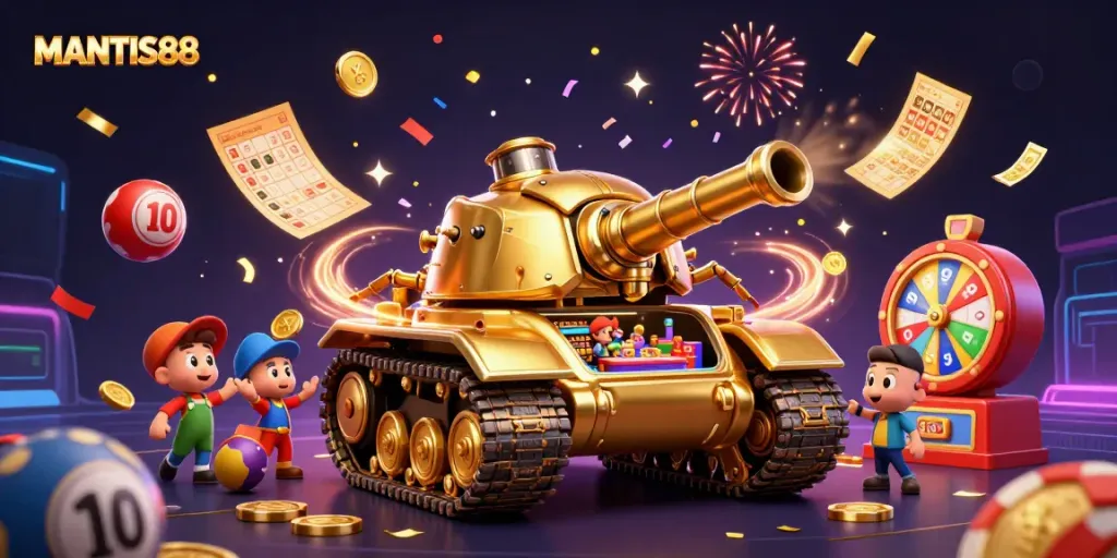 Play at MANTIS88 with a vibrant 3D casino scene featuring a golden beetle tank and exciting game elements.
