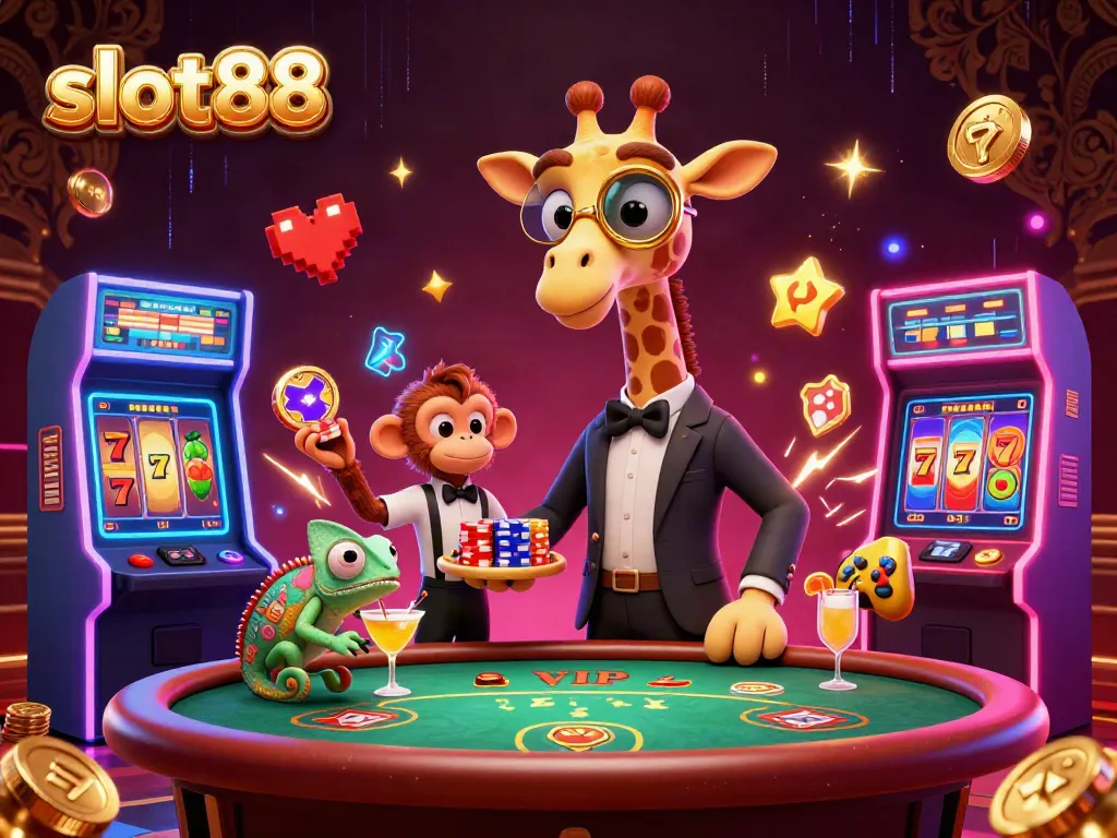 Engage with slot88 as a giraffe, monkey, and chameleon enjoy colorful gaming excitement.