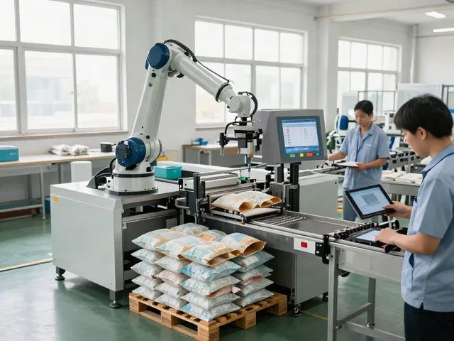 Automatic bag palletizer machine efficiently stacking bags in a modern warehouse.