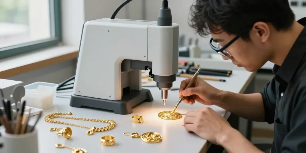 Proses pembuatan perhiasan emas emas88 dengan teknologi laser presisi oleh pengrajin di workshop yang modern.