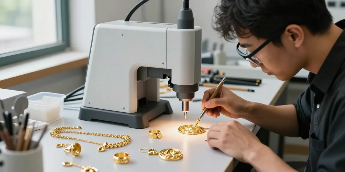 Proses pembuatan perhiasan emas emas88 dengan teknologi laser presisi oleh pengrajin di workshop yang modern.