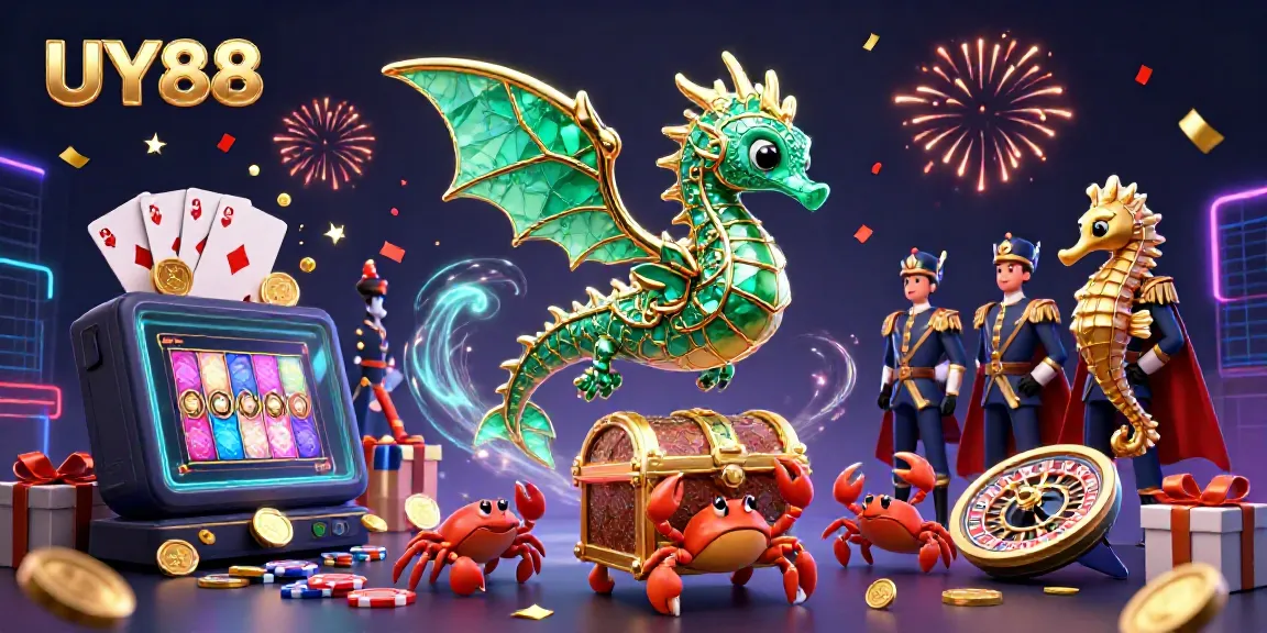 Experience the thrill of UY88 with an enchanting sea dragon illustration in a vibrant casino setting.