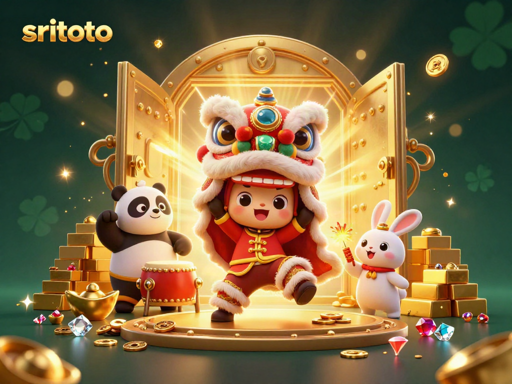 Gambarkan sritoto dalam festival dengan karakter tarian singa, panda, dan kelinci petasan, penuh kemewahan dan keuntungan.