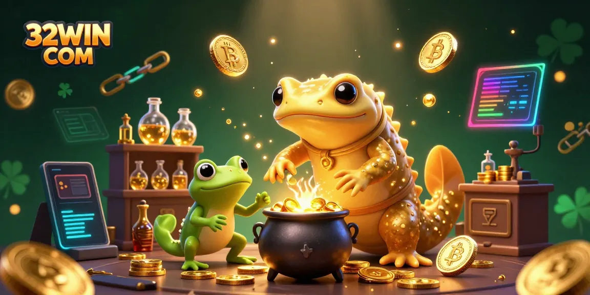Experience thrilling rewards at 32WIN COM with a vibrant magical casino scene full of gold and crypto elements.