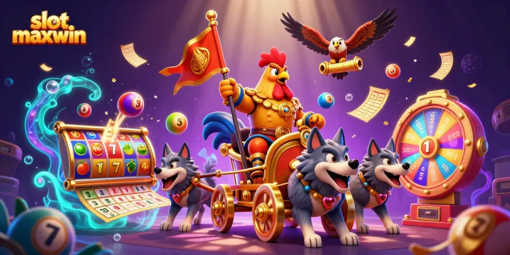 Experience the slot maxwin excitement with vibrant symbols and intense gameplay in this dynamic illustration.
