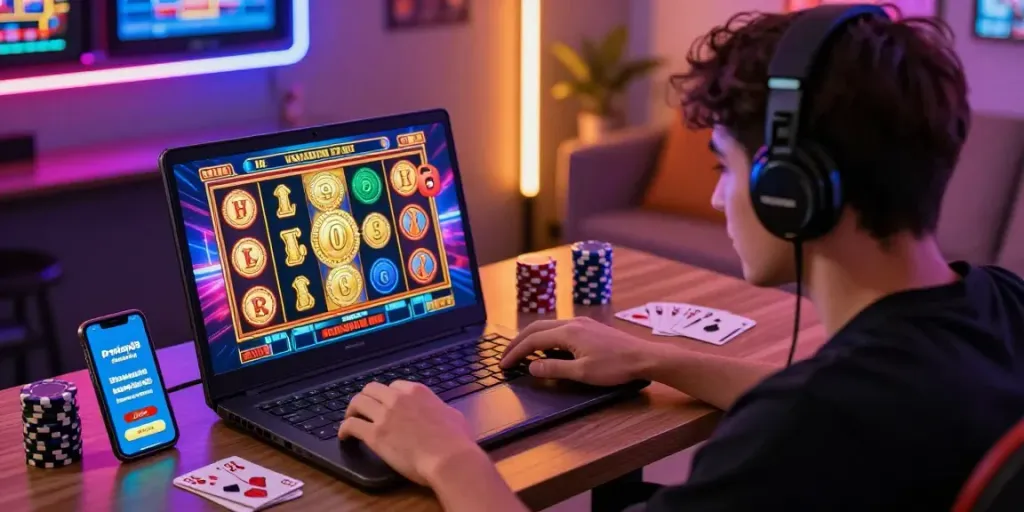 Exciting online gaming scene showcasing link alternatif proplay88 on a vibrant laptop screen with gaming accessories.