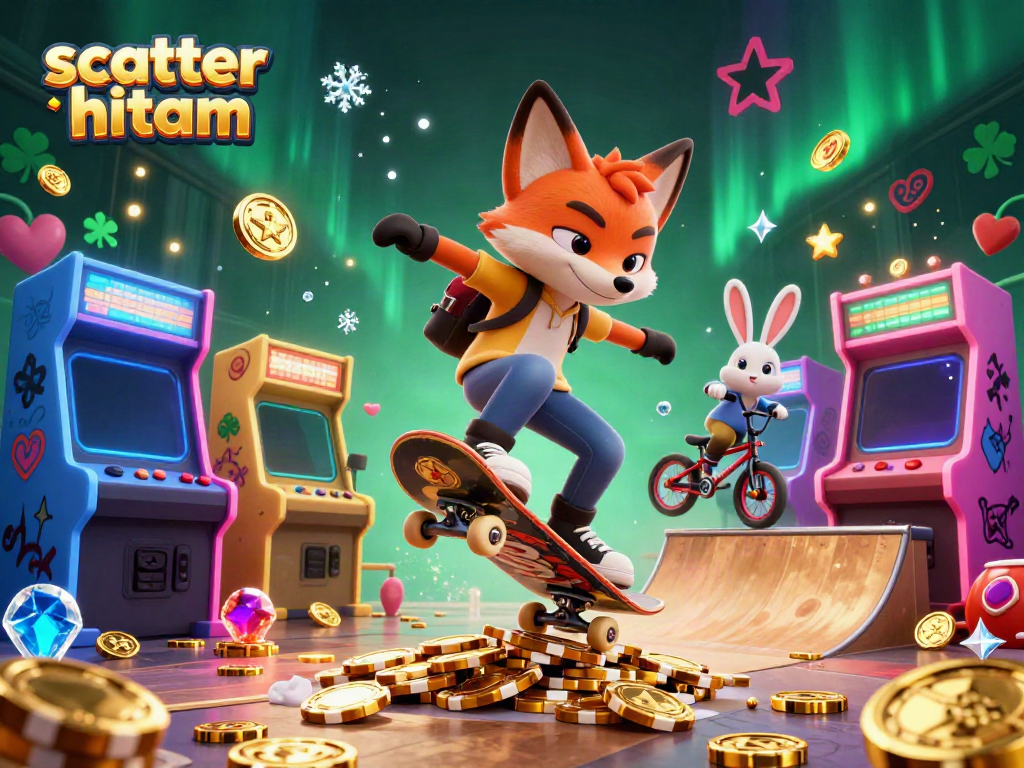 Experience scatter hitam with a dynamic 3D gaming scene featuring colorful arcade machines and vibrant casino symbols.