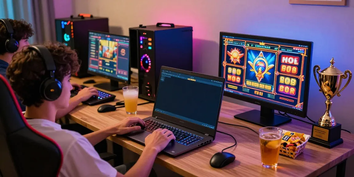Players enjoying slot gacor games on a laptop in a cozy gaming setup.