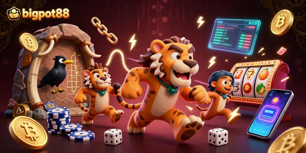 bigpot88 memasuki kasino prasejarah yang menyegarkan dengan karakter kartun penuh warna dan simbol slot.