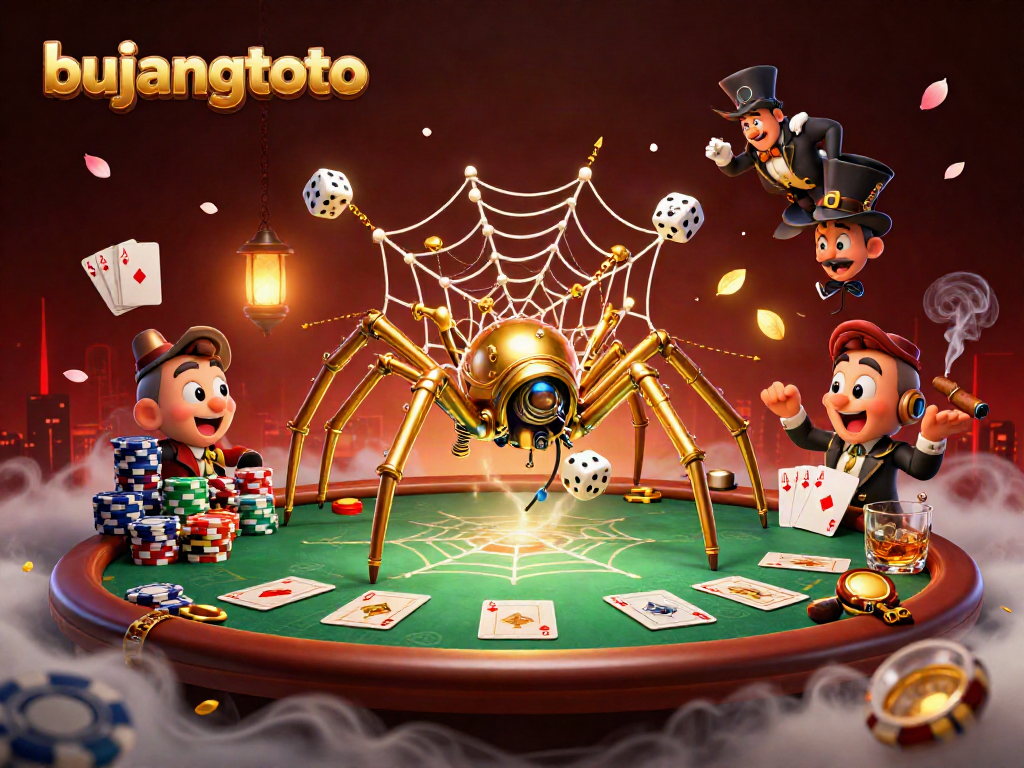 Engage with bujangtoto through an exhilarating scene of a steampunk spider and fly gentleman amid vibrant casino elements.
