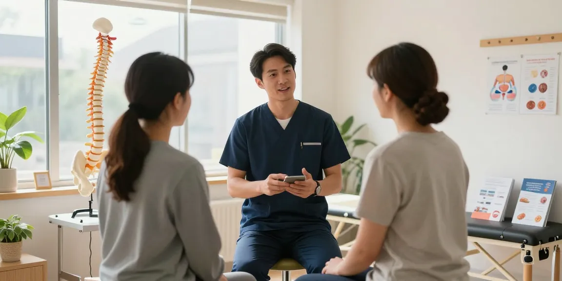 Chiropractor Chatswood discussing treatment with a patient in a welcoming clinic environment, emphasizing patient care.