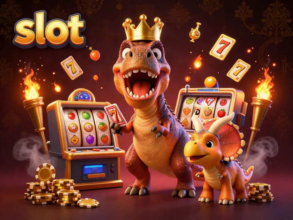 Engaging scene featuring a T-Rex with a crown, a supportive pterodactyl, and a triceratops managing slot elements