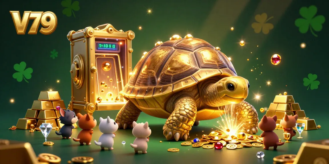 V79 showcases an excited queue of animals at a lively pinball game scene featuring a golden tortoise and treasures.