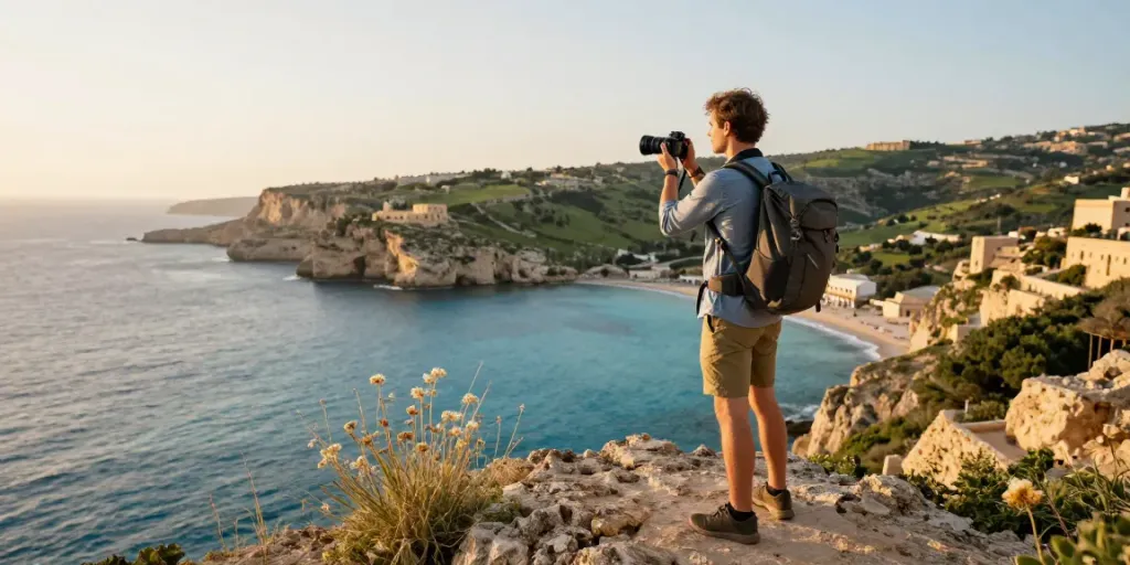 Exciting Malta Gozo tour landscape featuring a traveler on a cliff overlooking the sea.