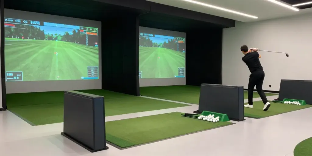 Budget Golf Launch Monitors showcased in a vibrant indoor golf practice setup with a monitor displaying shot metrics.