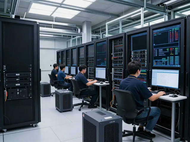 Advanced AI data center with technicians managing GPUs and analytics.