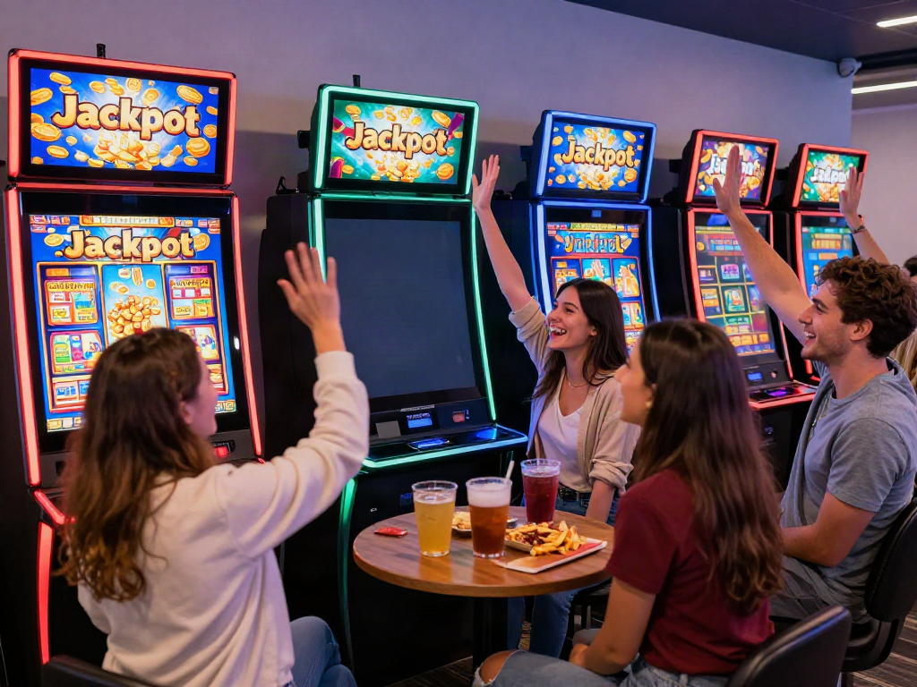 Teman merayakan kemenangan jackpot di mesin slot777 dengan keceriaan dan koin berhamburan.