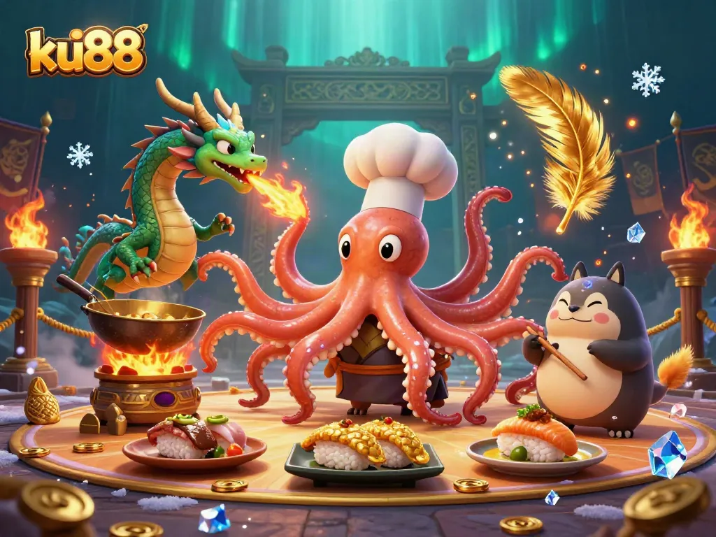 ku88 offers thrilling gaming experiences with a dynamic illustration of casino characters and action