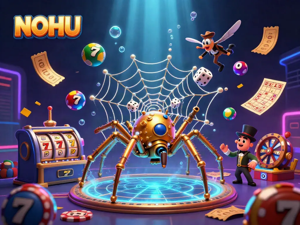 Experience exhilarating wins with NOHU's vibrant gaming scene, featuring dynamic slot reels and colorful lottery balls.