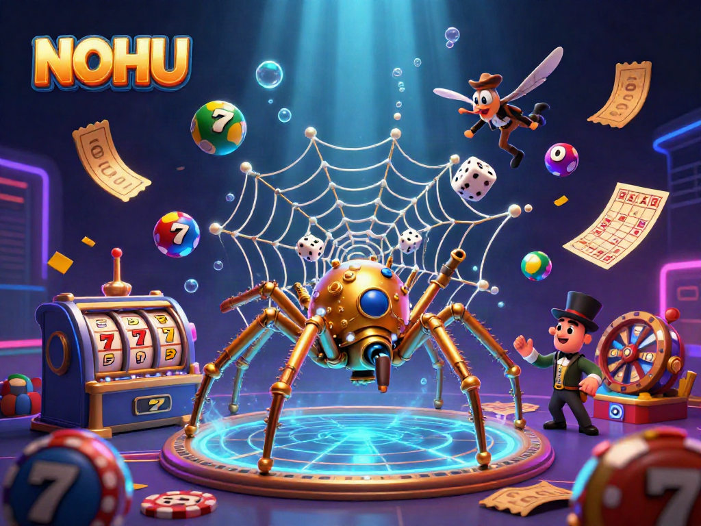 Experience exhilarating wins with NOHU's vibrant gaming scene, featuring dynamic slot reels and colorful lottery balls.