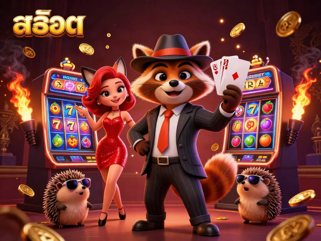 Experience the thrill of สล็อต with a suave raccoon and charming fox amid vibrant slot machines and golden coins.