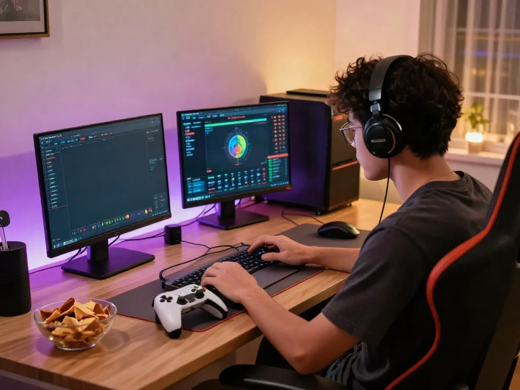 Engaging togel online gaming scene with a focused player at a stylish desk.