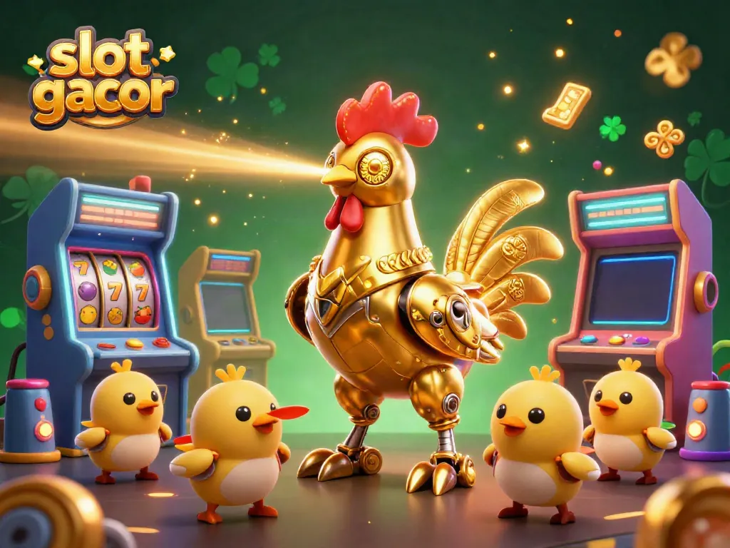 Experience the vibrant slot gacor action with a golden rooster robot and baby chick drones in a lively casino scene.