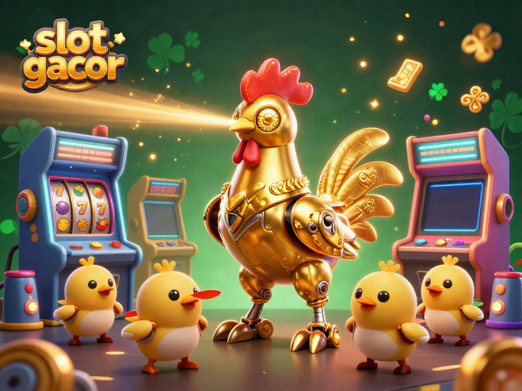 Experience the vibrant slot gacor action with a golden rooster robot and baby chick drones in a lively casino scene.