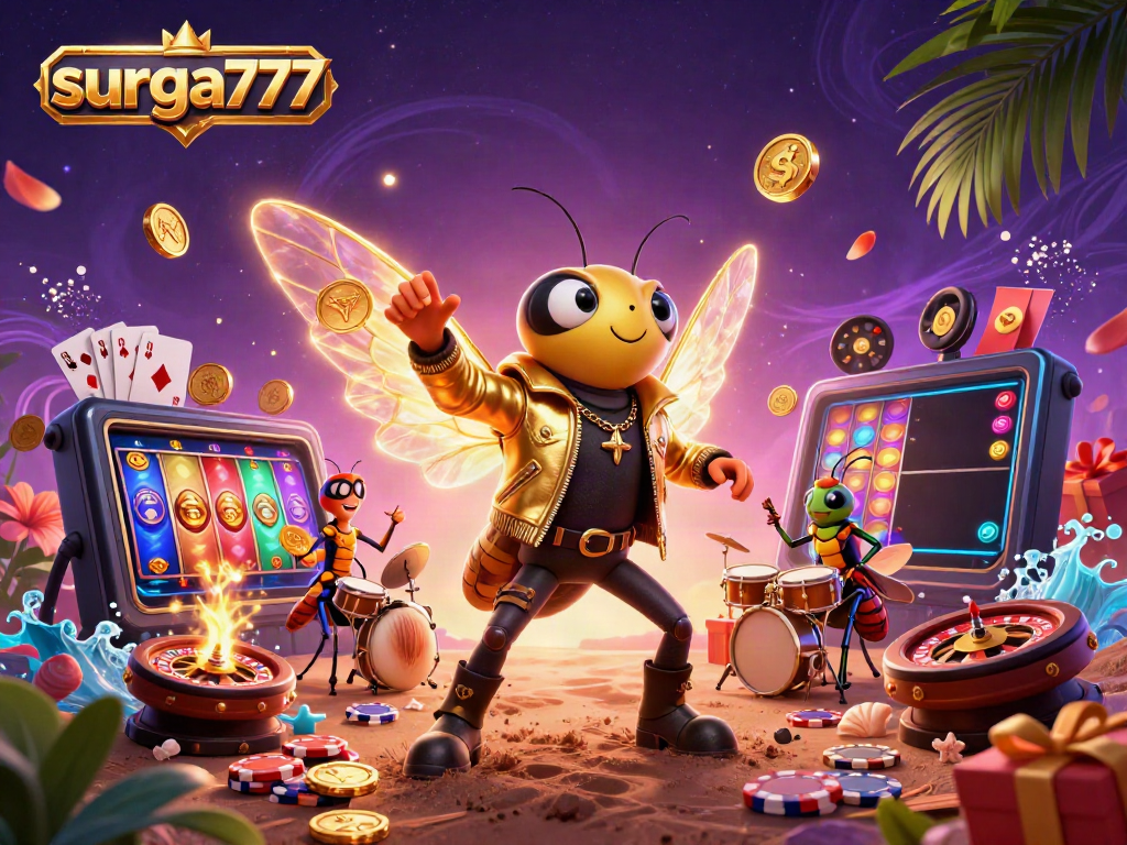 Play slots and win big with surga777 through a vibrant 3D illustration featuring engaging casino scenes.
