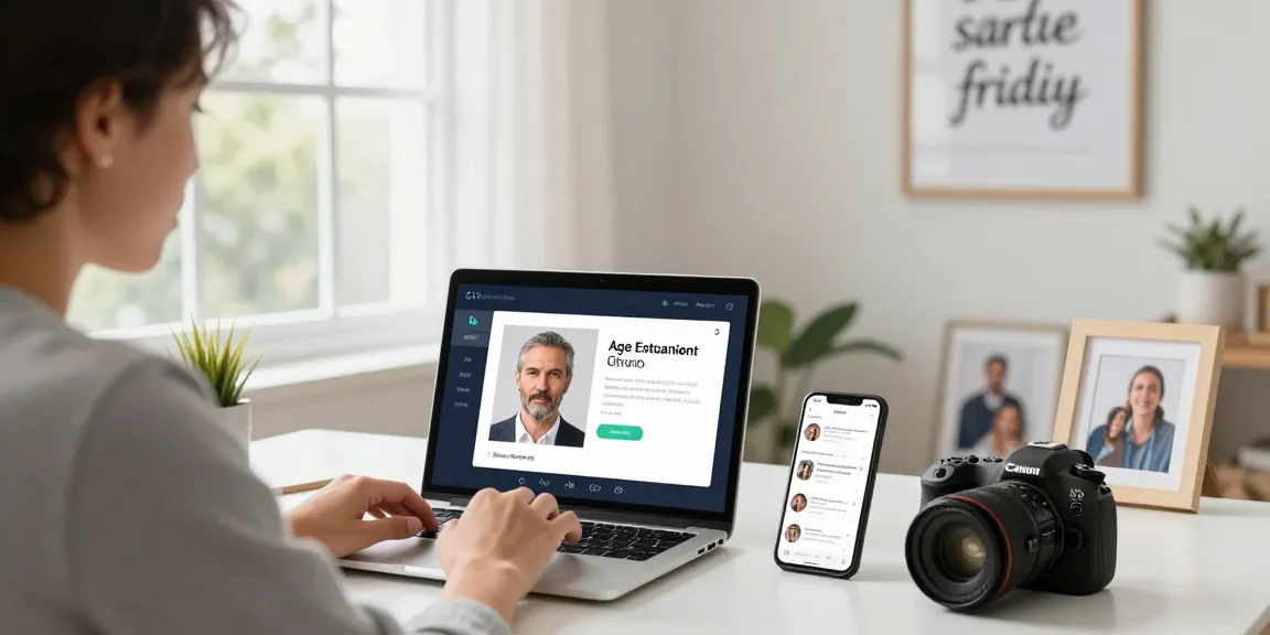 User using an online tool to determine how old do I look, in a bright home office setting with motivational decor.