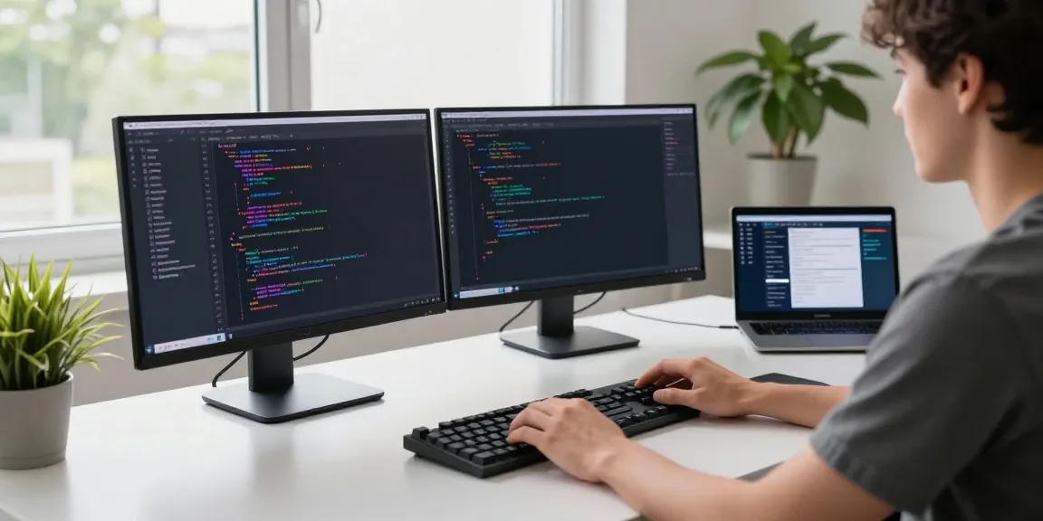 Developer coding with dual monitors and modern tech setup, representing instant indexing