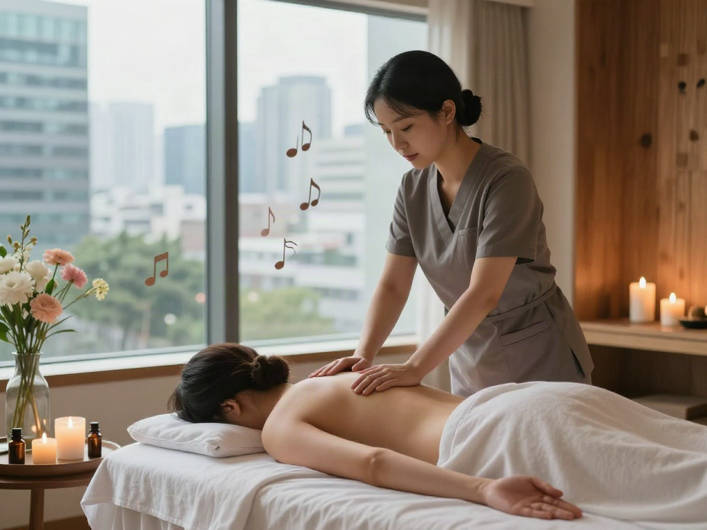 Relaxing 강남출장안마 massage scene in a serene urban spa with candles and flowers.