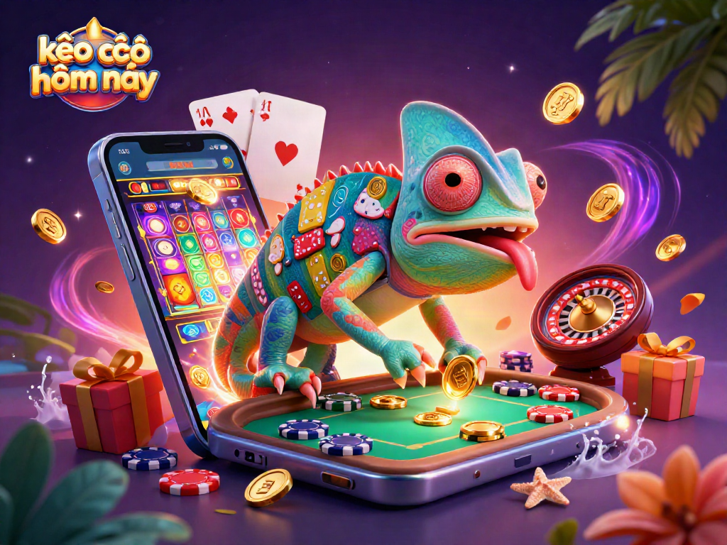 Experience kèo nhà cái hôm nay through a vibrant casino scene featuring a colorful chameleon owner and exciting gaming elements.